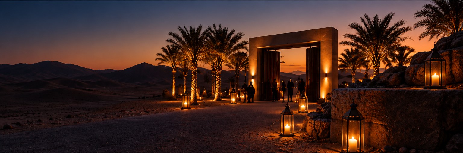 A lantern-lit path through the desert leading to a stone gateway between palm trees at dusk
