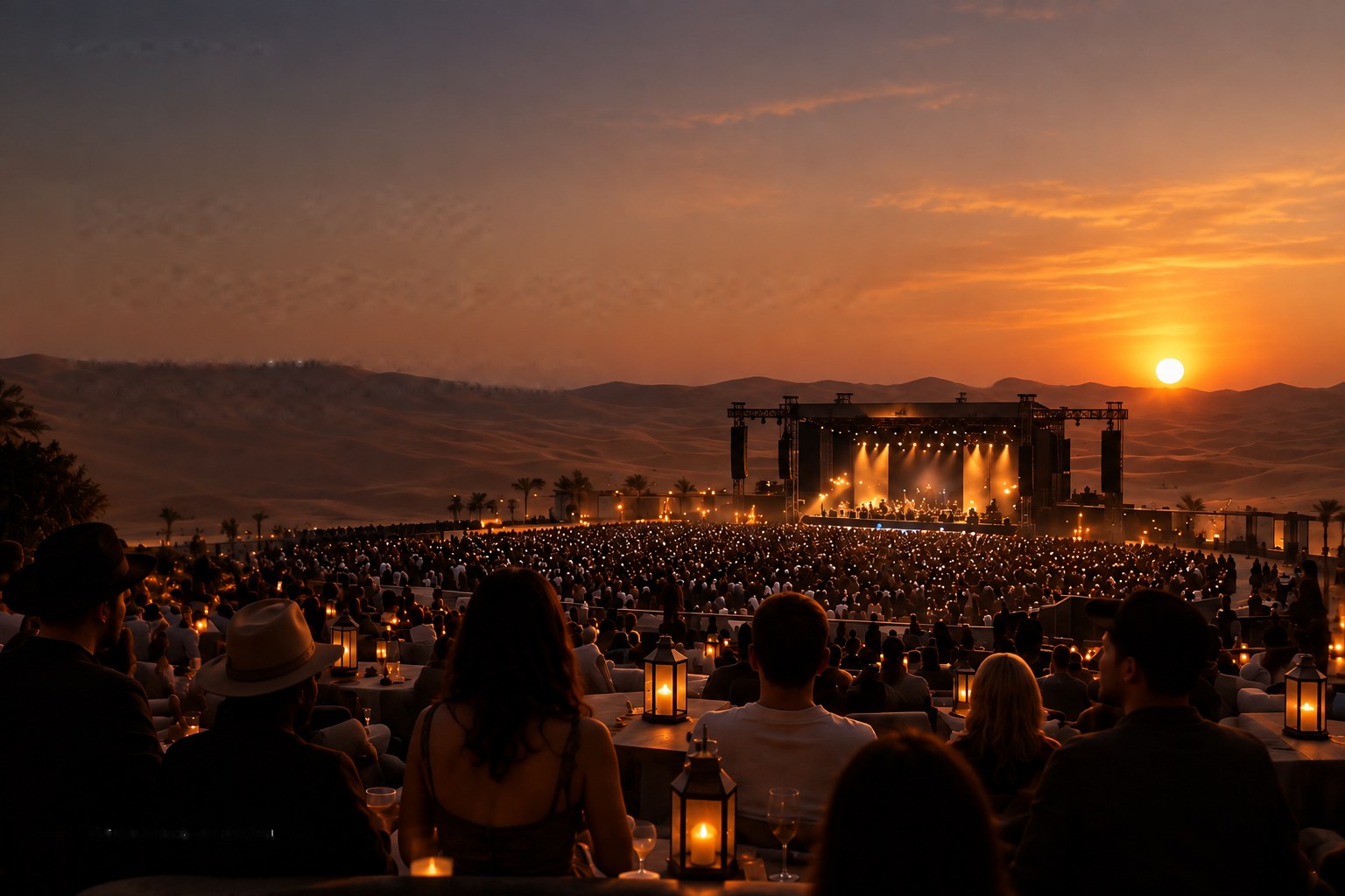 An open-air concert in the desert at sunset, guests at lantern-lit tables in front of the stage