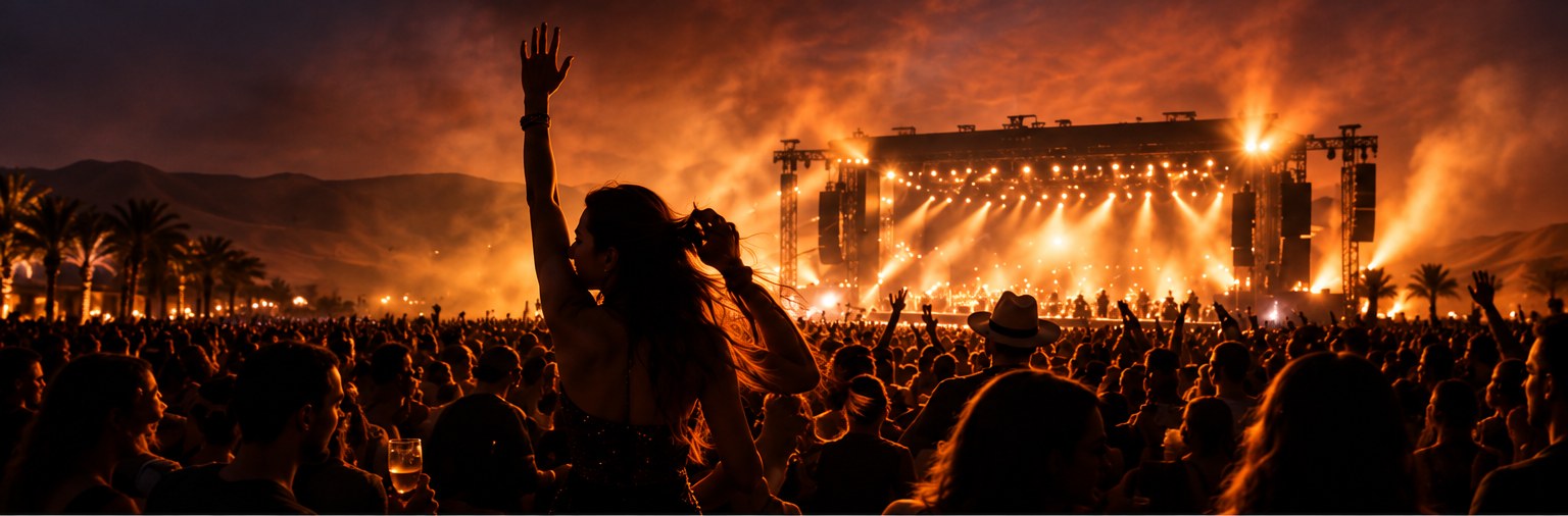 A crowd at sunset in front of a lit desert stage, one guest with her arm raised